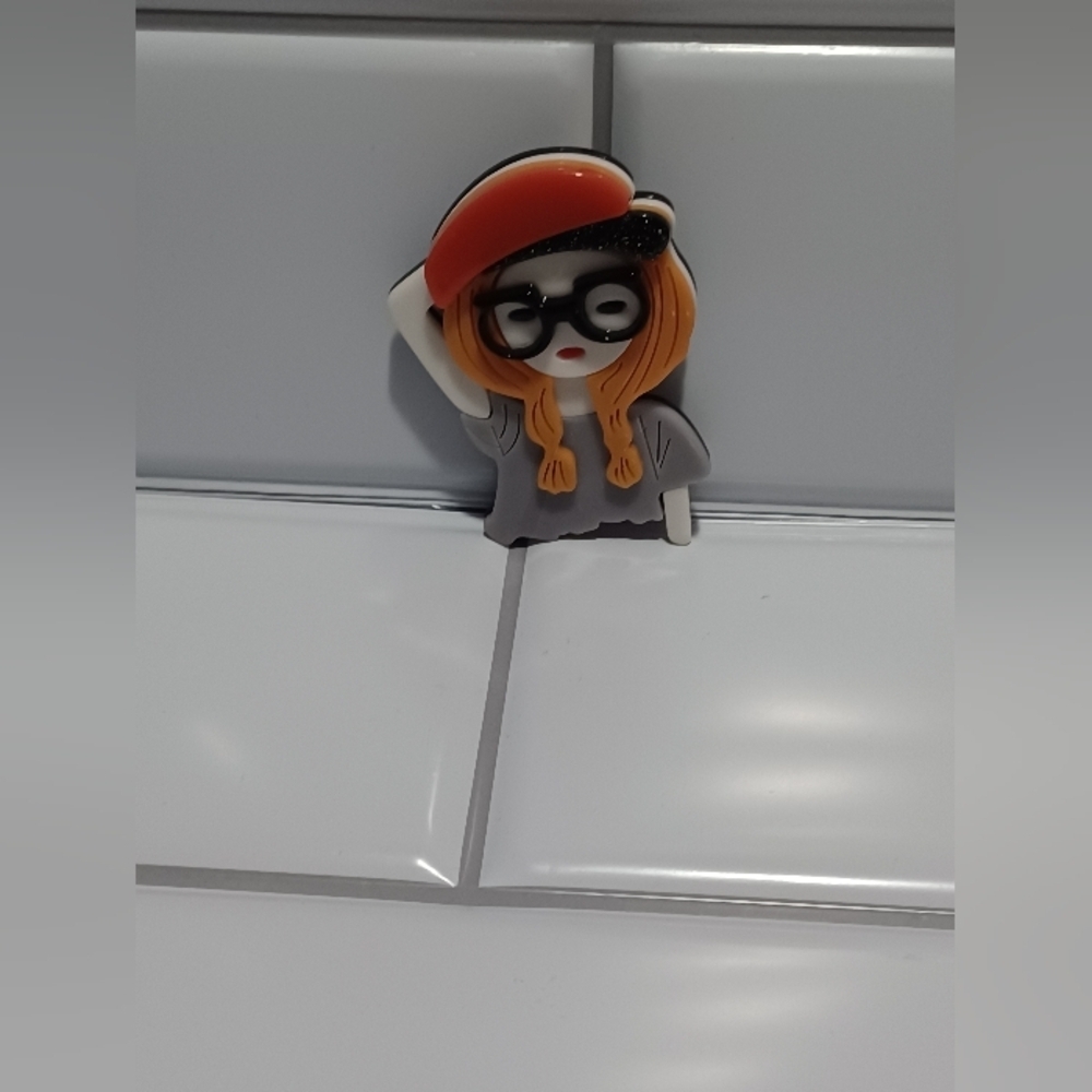 Modern Lady with Glasses Acrylic Brooch Red Hat